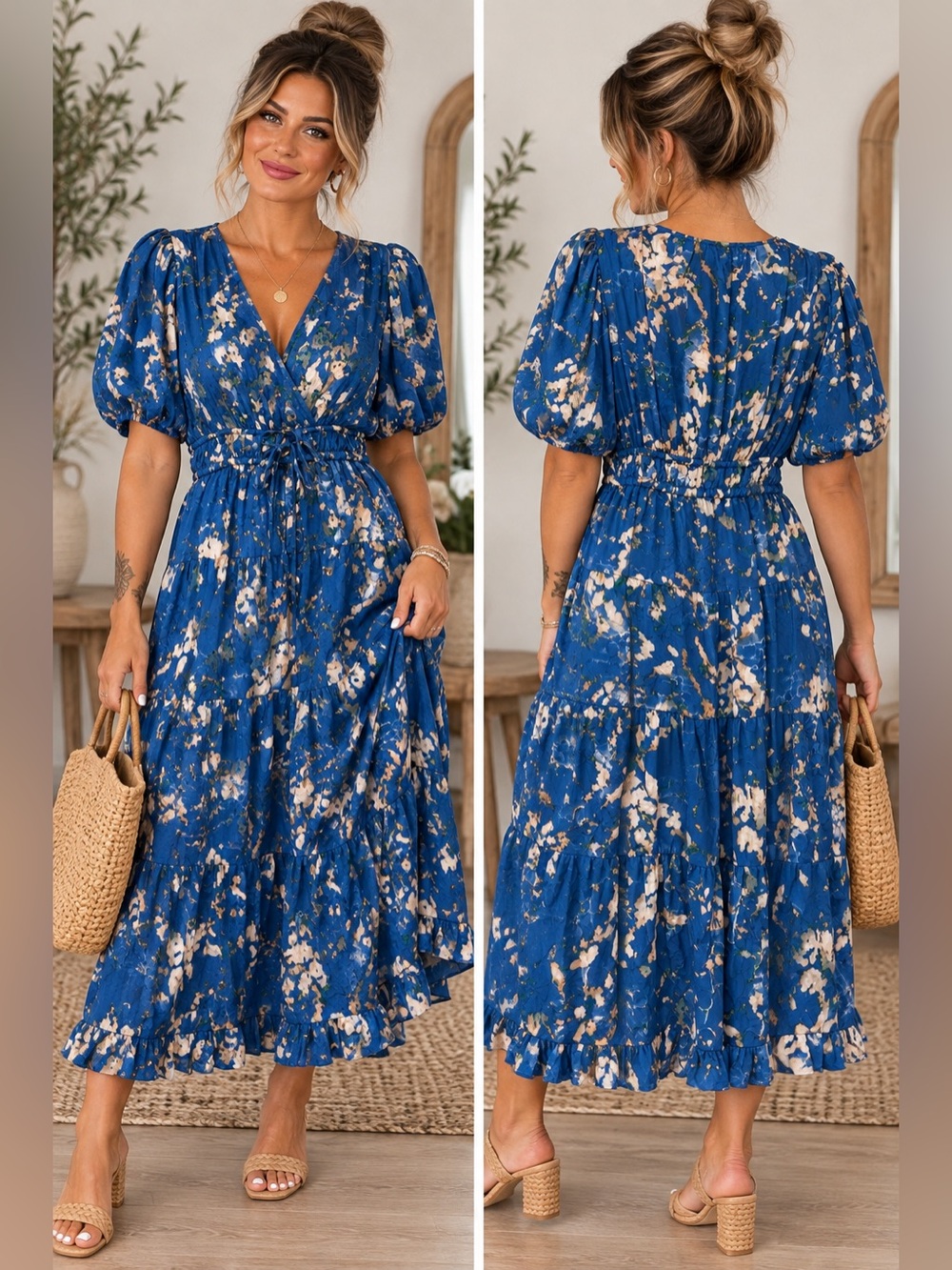 NWOT Ellison Blue Floral Print Midi Dress with Tie Waist Size Large